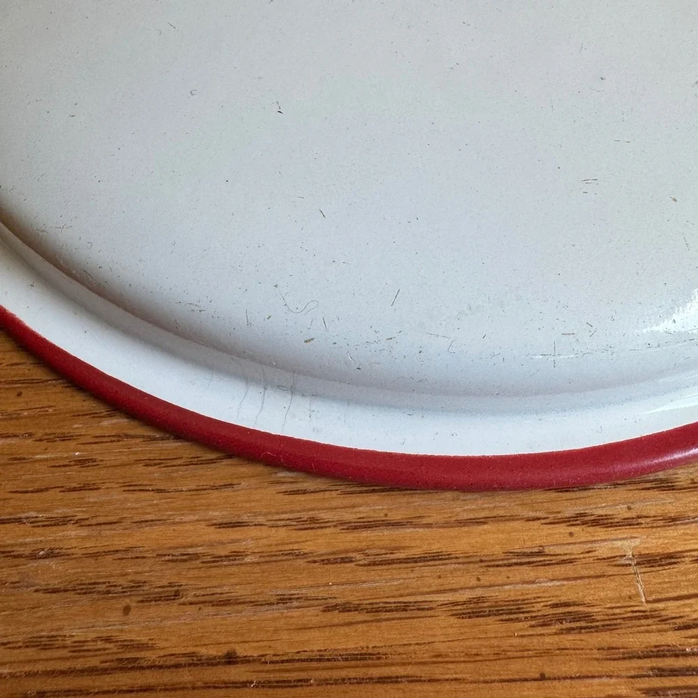 Vintage‎ White Enamelware Pot Lid with Red Trim and Handle REPLACEMENT Decor